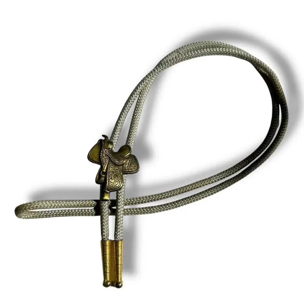 Vtg Bolo Tie Horse Saddle Metal Ends Nylon Cord Necklace Western Rodeo Cowboy